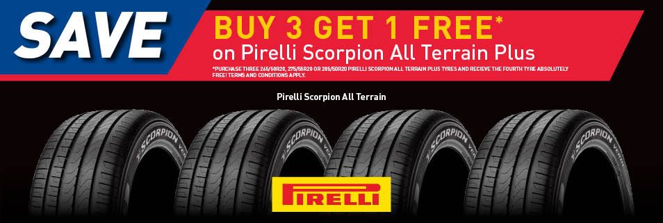 Save Buy 3 Get 1 Free On Pirelli Scorpion All Terrain Plus Tyres * Ts & Cs Apply