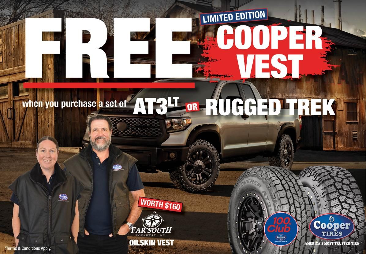 Get an Exclusive Cooper Vest when you purchase any set of AT3 or Rugged Trek tyres at Tyrepower