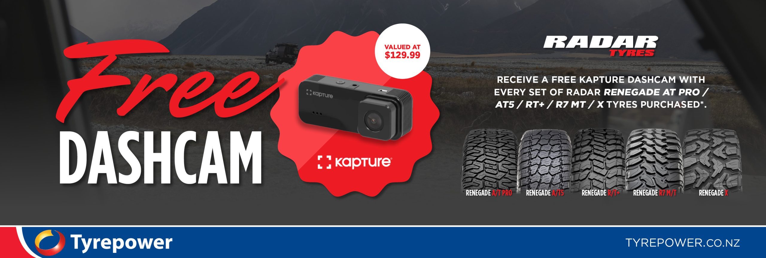 Get Free Dashcam with every set of Radar Renegade 4WD Tyres this October