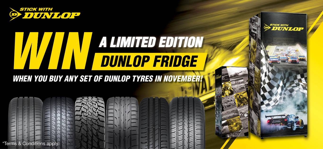 When you purchase a set of Dunlop Tyres be in to win a Limited Edition Fridge