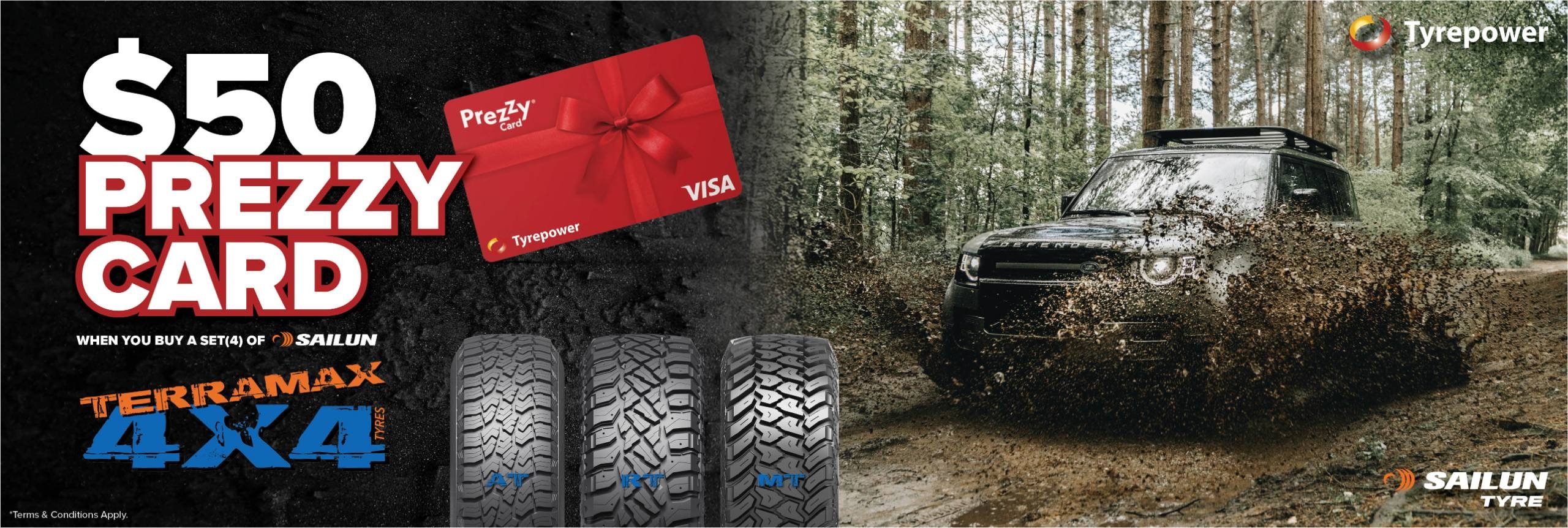 Get a free $50 Prezzy card when you purchase 4 Sailun Terramax tyres