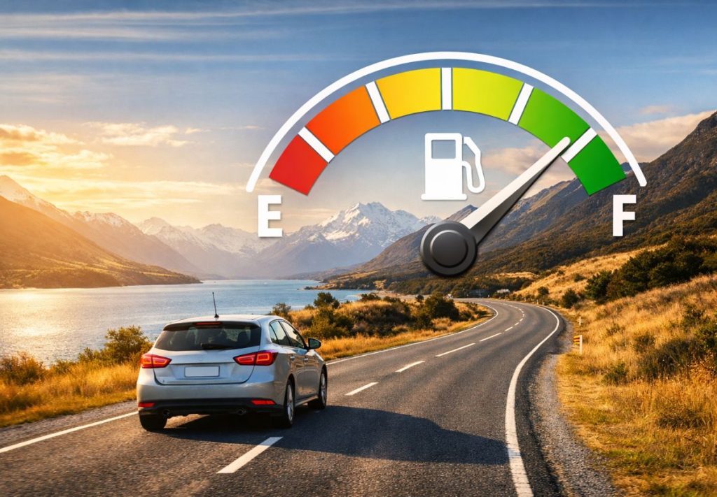 Car driving on New Zealand highway with fuel gauge highlighting fuel efficiency and tyre performance.