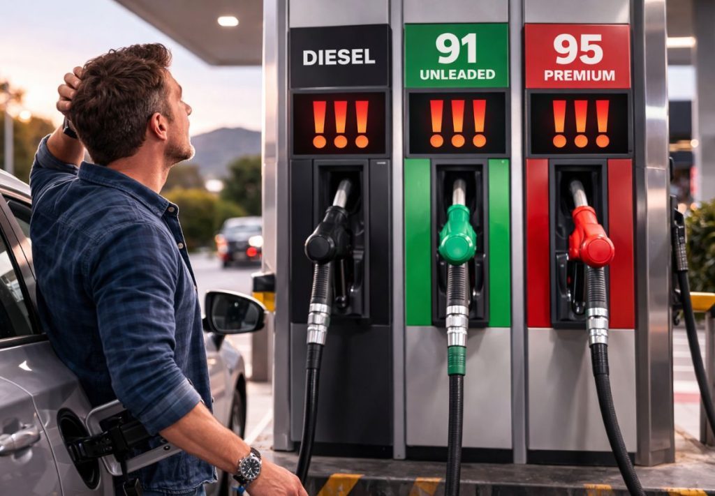 Driver refuelling car highlighting rising fuel costs in New Zealand.