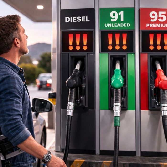 Driver refuelling car highlighting rising fuel costs in New Zealand.