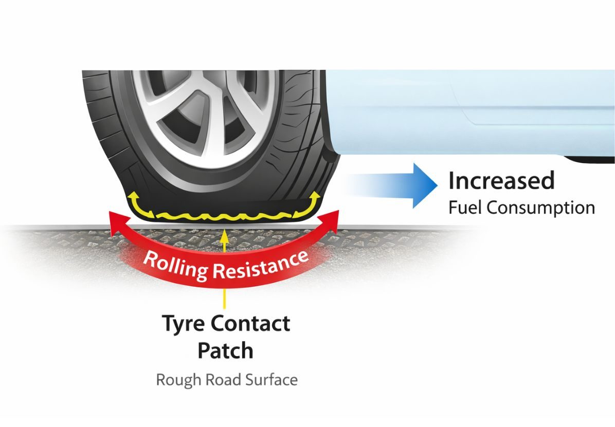 Car driving on New Zealand highway with fuel gauge highlighting fuel efficiency and tyre performance.