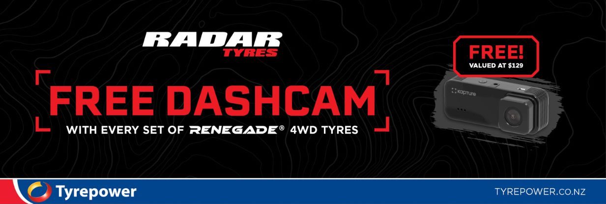 Get a free Dash Cam worth $129 When you purchase a Set of Renegade 4WD tyres at Tyrepower this Month
