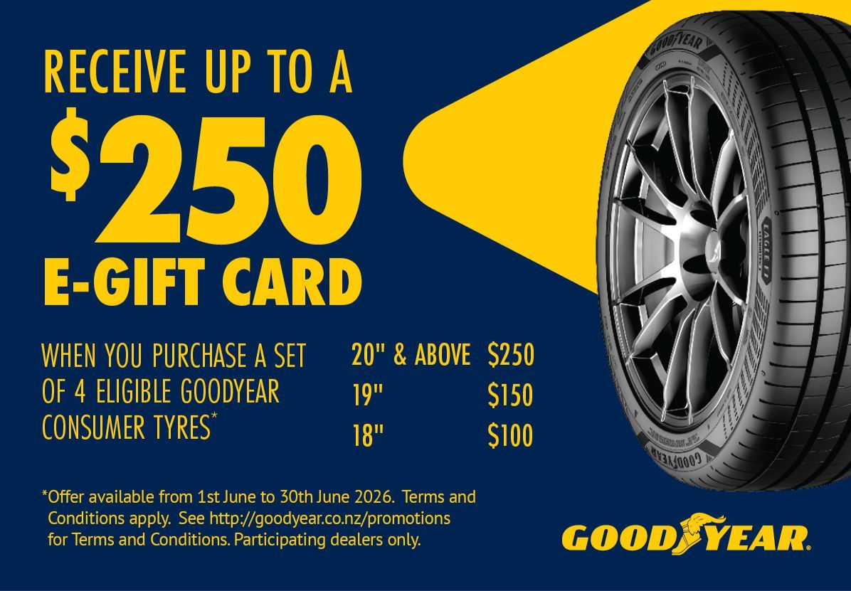 There's never been a better time to get Goodyear Tyres with a FREE egift card for any set of 4 x Goodyear tyres 18" and over.