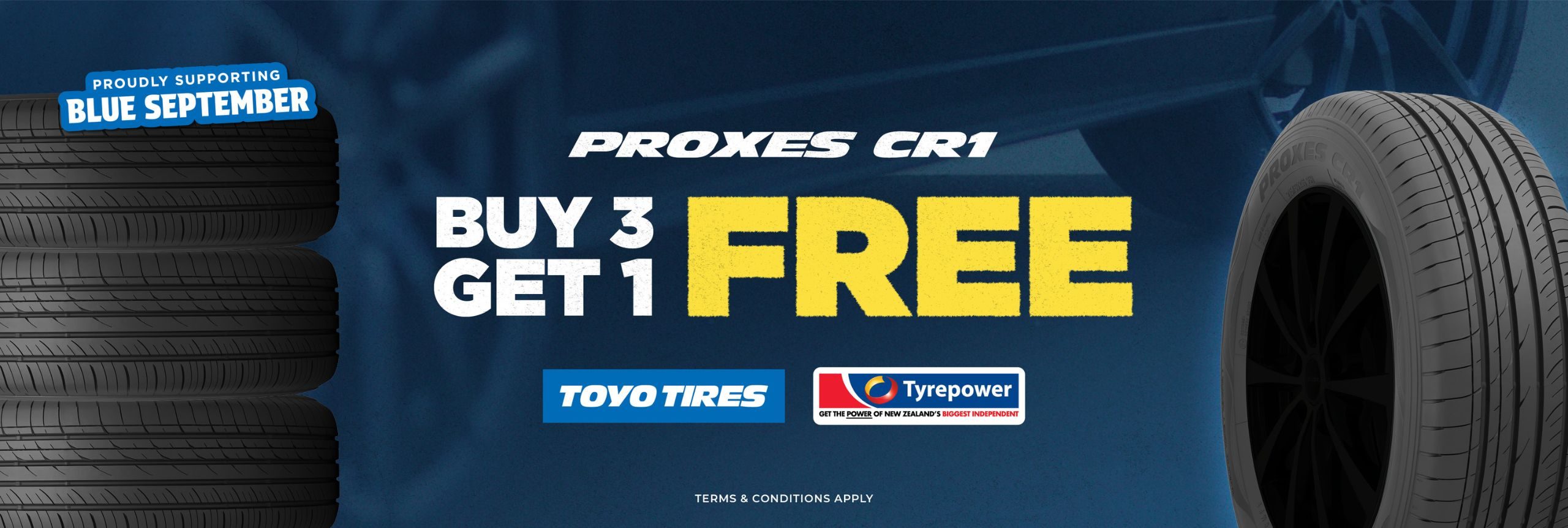 Tyrepower Exclusive Promotion - Buy 3 Toyo CR1 Proxes tyres and get the 4th Free